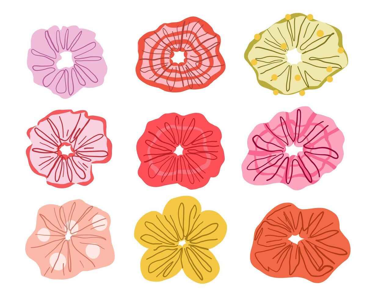 Scrunchie Hair Tie Icon Collection. A stylish collection of scrunchie hair ties in abstract fabric shapes with gathered folds dotted textures and petal like forms. Perfect for beauty fashion themed vector