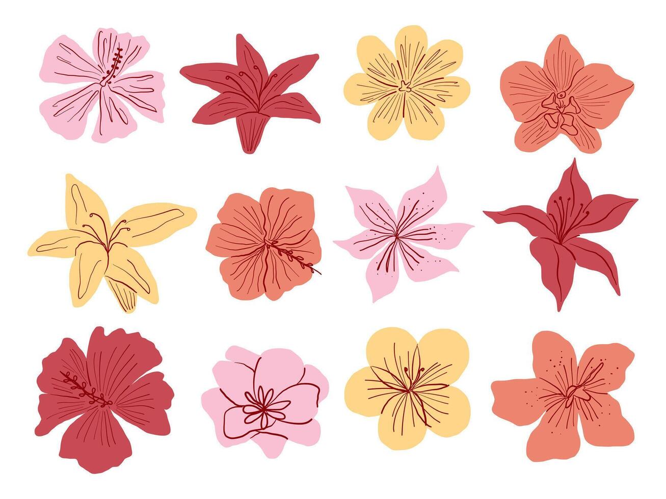 Botanical Hand Drawn Flower Illustration. A delicate set of 12 hand drawn botanical flowers including lilies hibiscus orchids cherry blossoms and more in pastel tone. Perfect for floral themed designs vector
