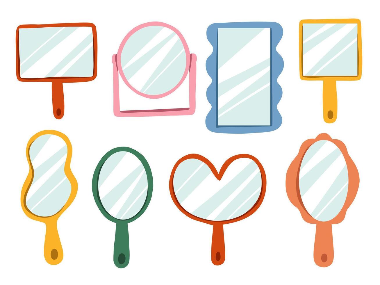 Whimsical Doodle Mirror Illustration. A playful set of 8 hand drawn mirrors in various shapes including oval rectangle and scalloped frames with soft reflections. Perfect for beauty themes stickers vector