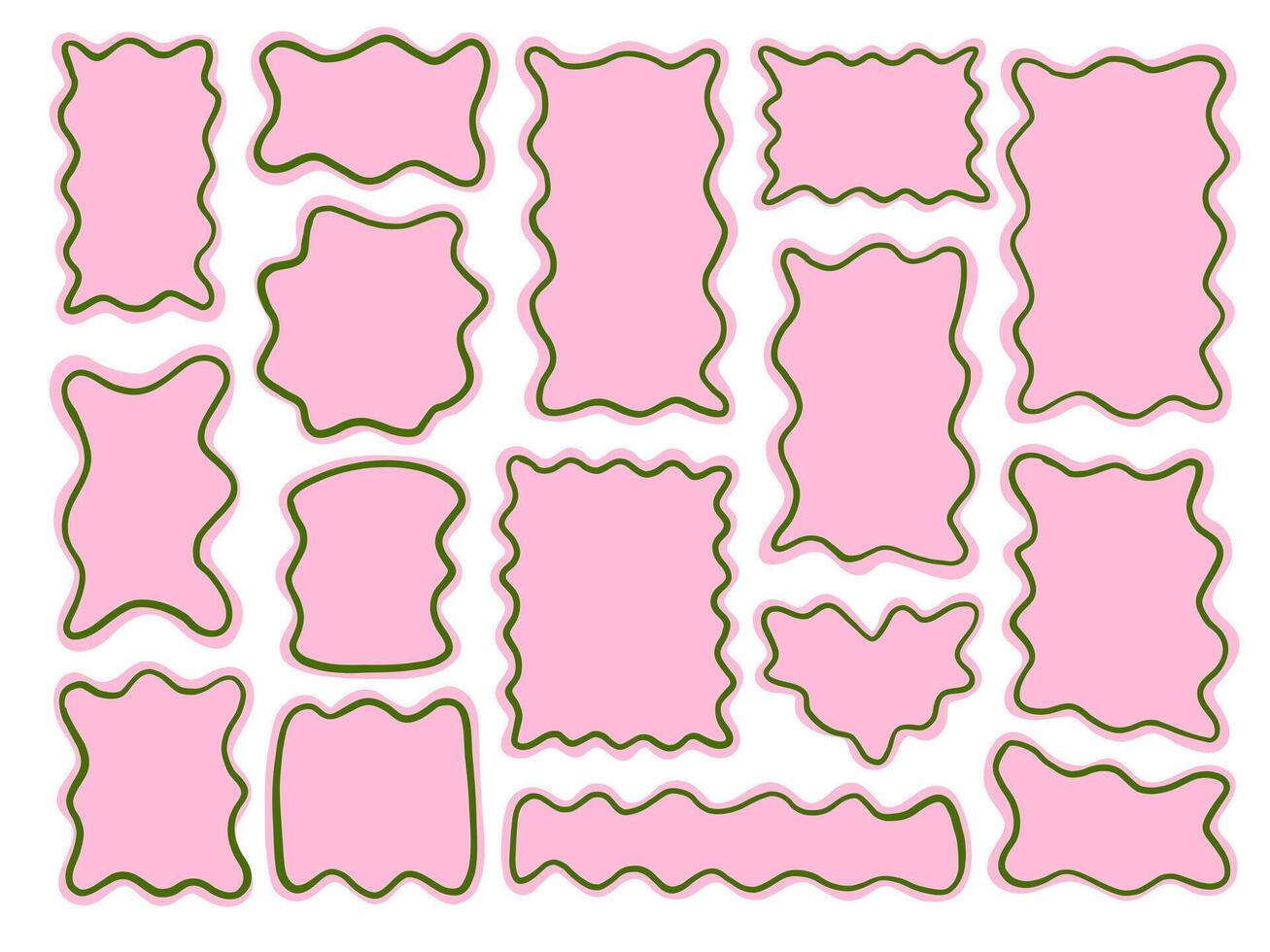 Wavy Frame and Label Shape Pastel Pink. A playful collection of sixteen abstract label and frame shapes with wavy borders and pastel pink fill outlined. Perfect for stickers packaging headers cards vector