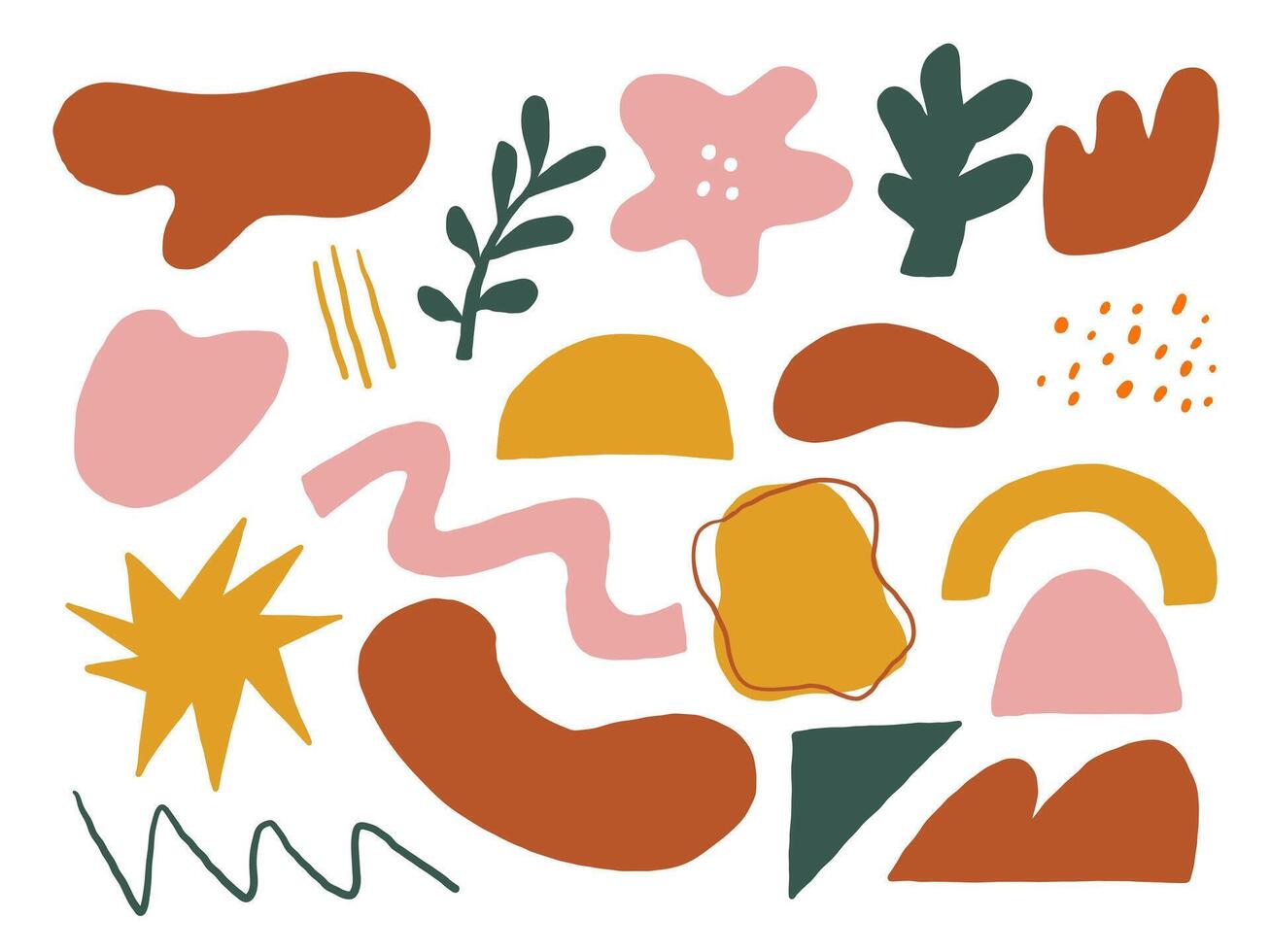 Playful Botanical Doodle Collection. A lively set of 19 hand drawn abstract elements including blobs leaves zigzags arches and starbursts in earthy and pastel tones. Perfect for stickers compositions vector