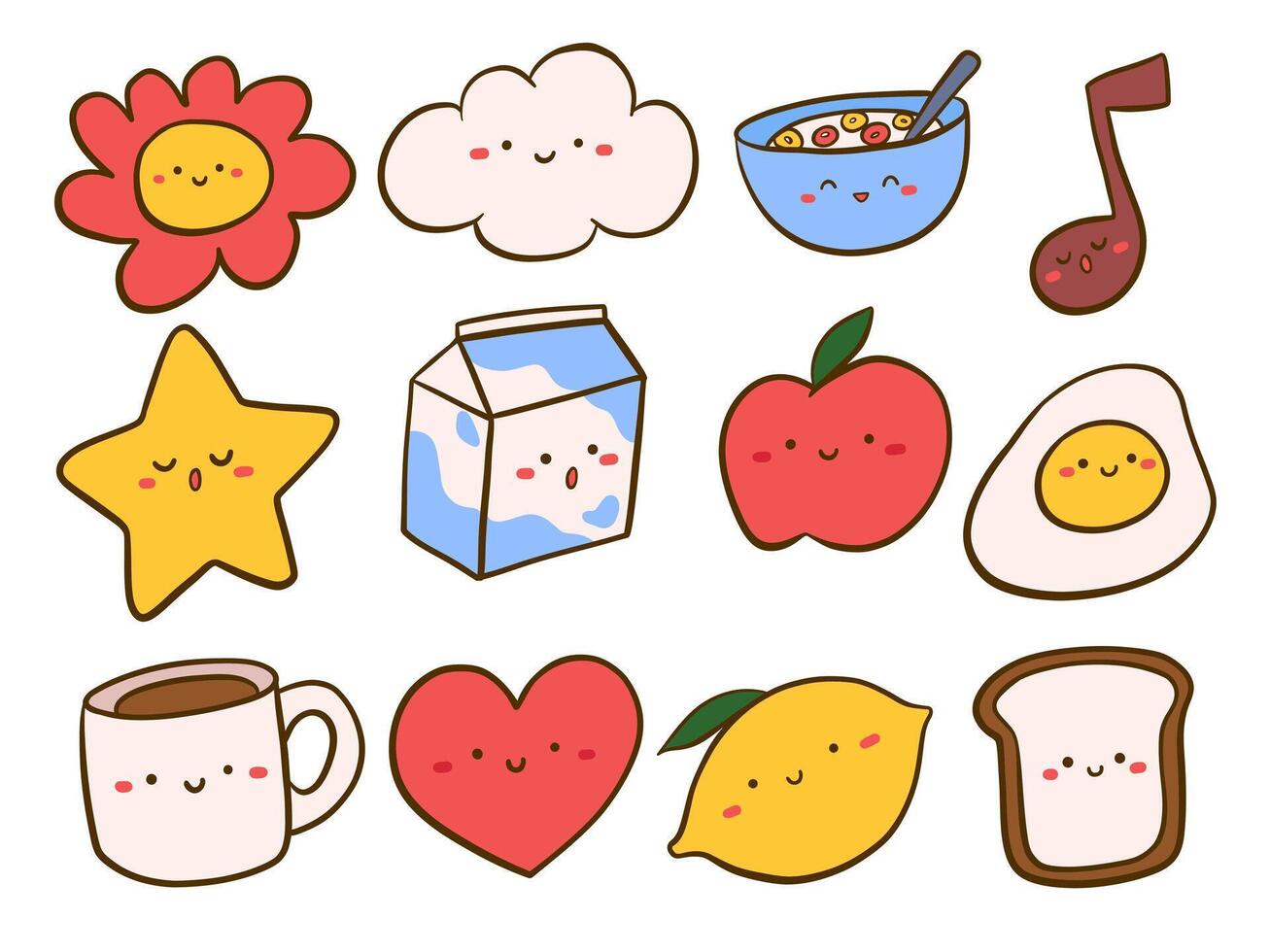 Adorable Kawaii Character Icon Set. A cheerful set of 12 kawaii icons featuring smiling food items musical notes clouds hearts and more with cute faces. Perfect for stickers kids themes vector
