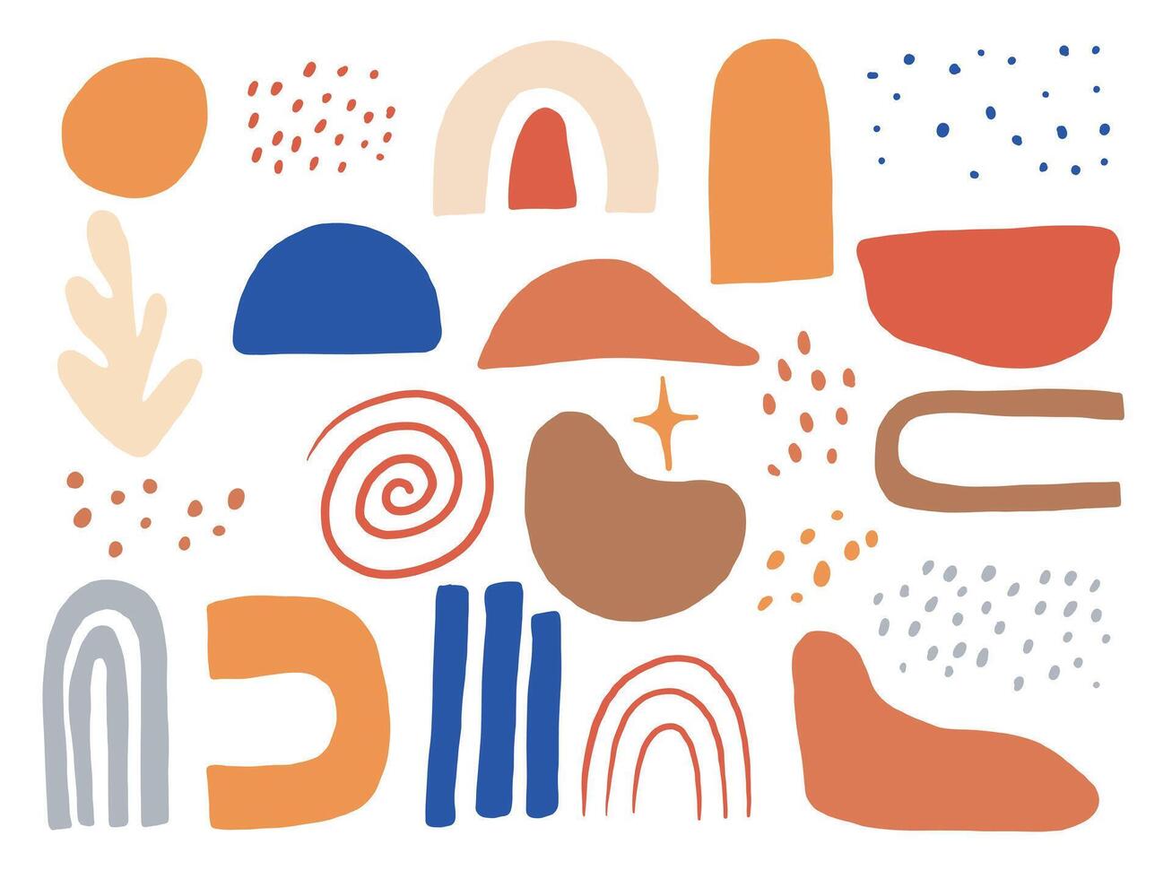 Playful Freeform Doodle Shape Collection. A vibrant collection of 22 abstract hand drawn elements including rainbows blobs textures arches and organic shapes in warm tones. Perfect for stickers poster vector