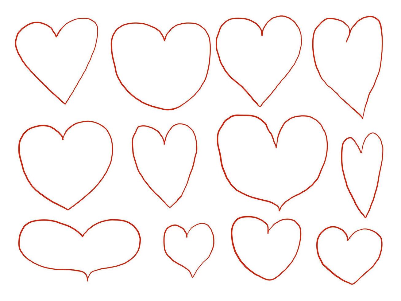 Line Art Heart Outline Element. A charming collection of twelve hand drawn heart outlines in various styles from plump to narrow and abstract. Perfect for love themed designs stickers cards packaging vector