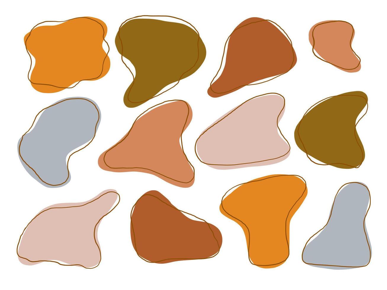 Earthy Abstract Freeform Blob Shape. A collection of 12 organic abstract blobs with overlapping outlines and earthy tones like terracotta olive gray and peach. Perfect for minimalist design abstract vector