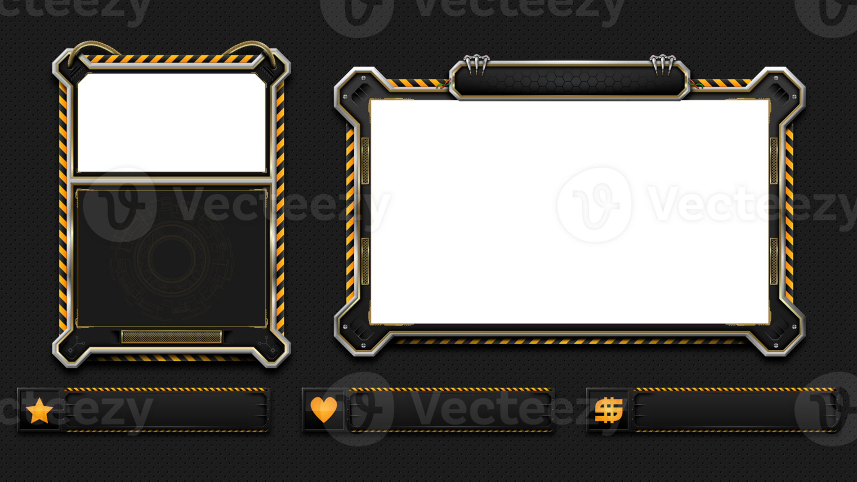 A set of black and gold frames with a black background png