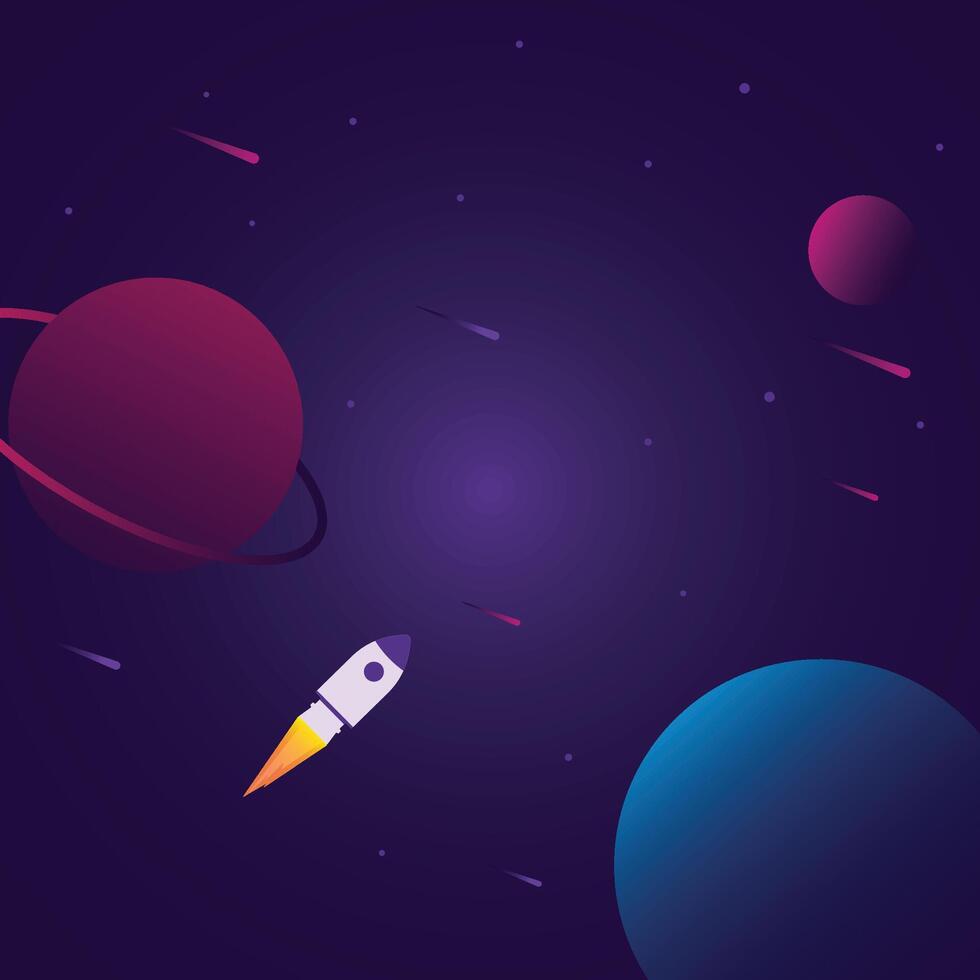 Rocket planets and meteors in space. vector
