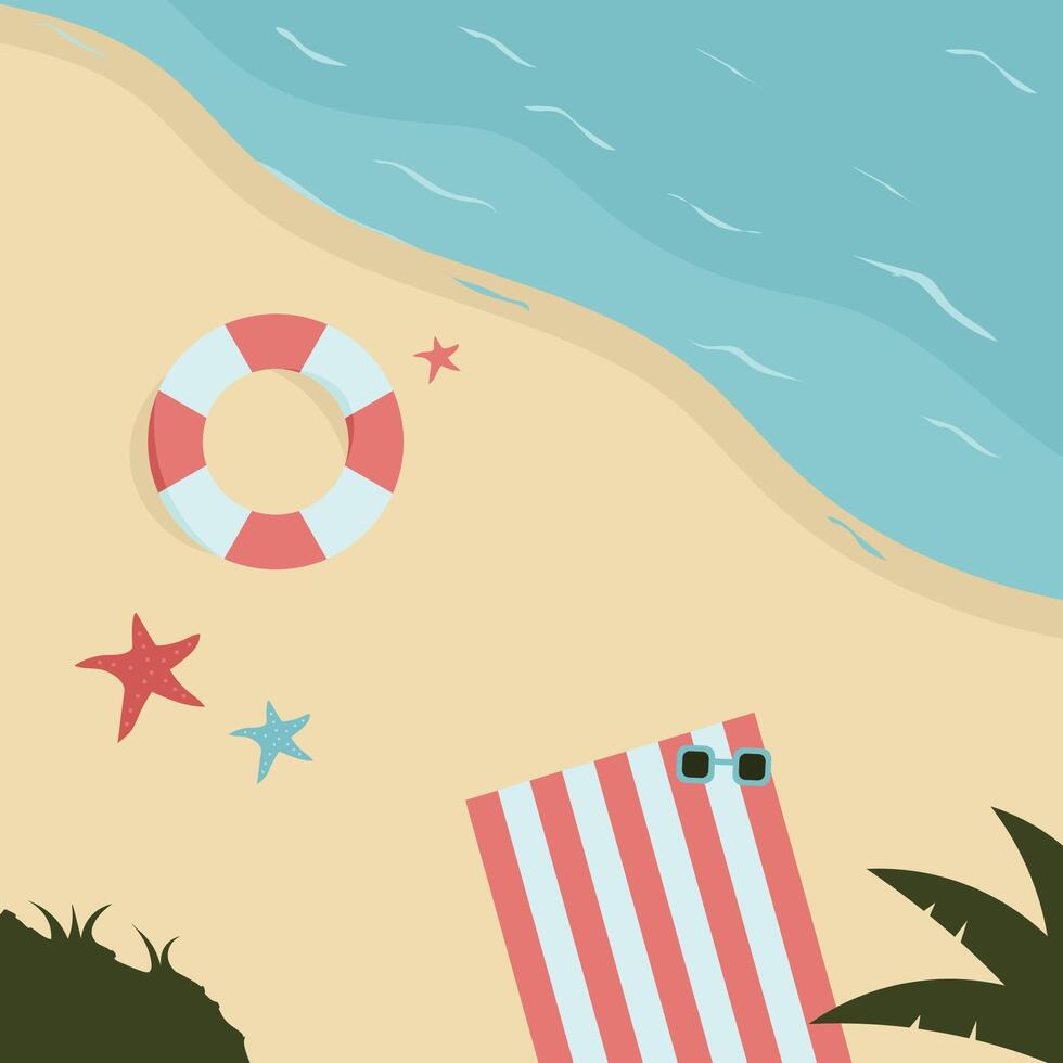 Beach scene with a towel starfish and a life preserver. vector
