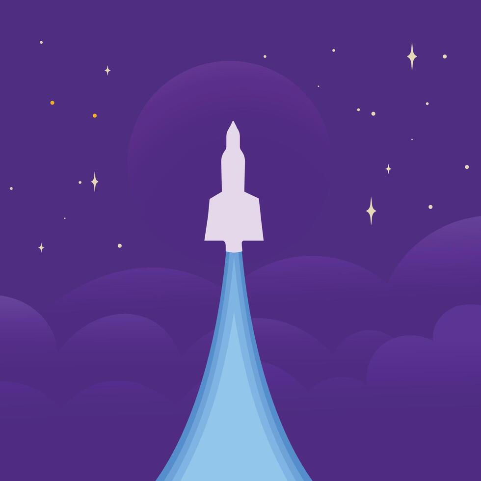 Rocket launches upward through purple clouds and stars. vector
