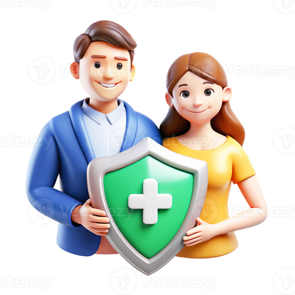 A couple holding a shield and a health care symbol png
