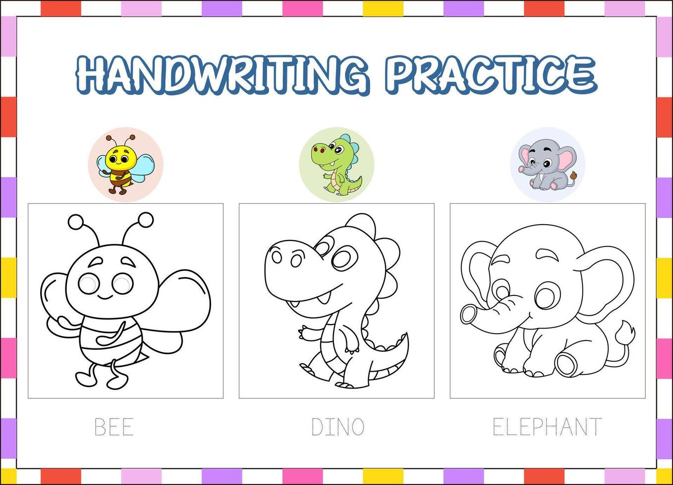 Handwriting practice sheet with animals vector