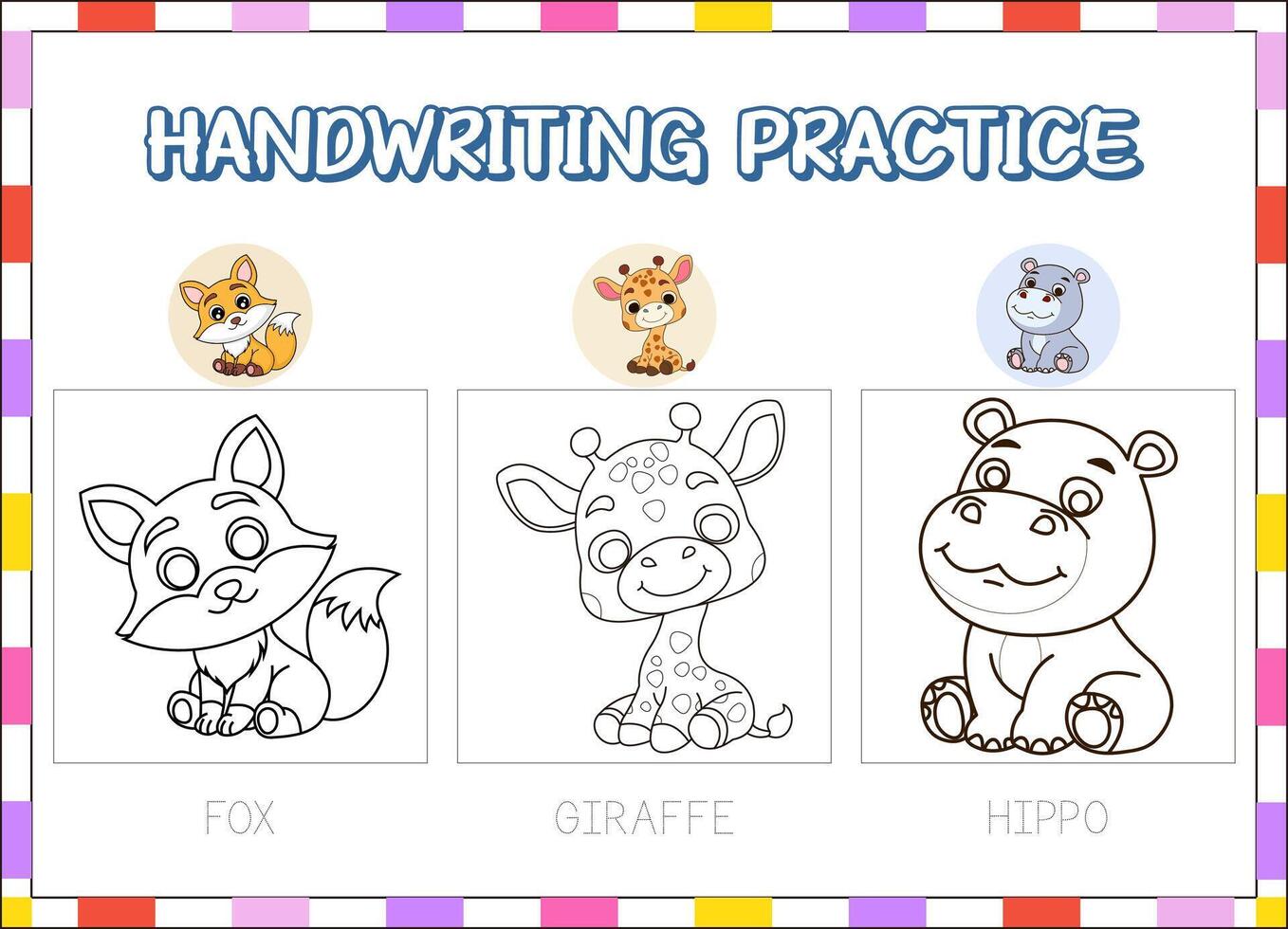 Fox, giraffe, and hippo handwriting practice vector
