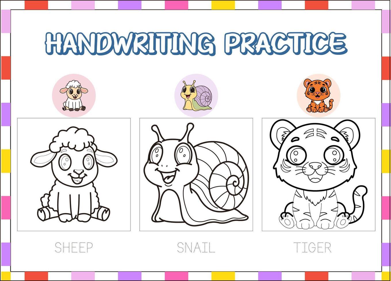 hand drawn practice education animal wild . sheep,snail,tiger vector