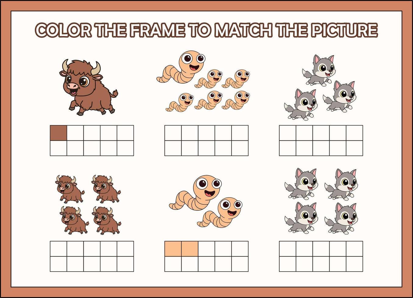 color the frame to match the animal.yak, worm, wolf vector