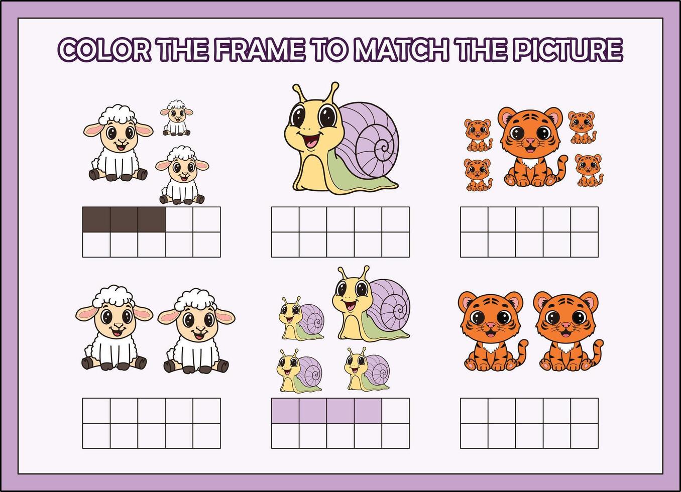 color the frame to match the animal.sheep,snail,tiger vector