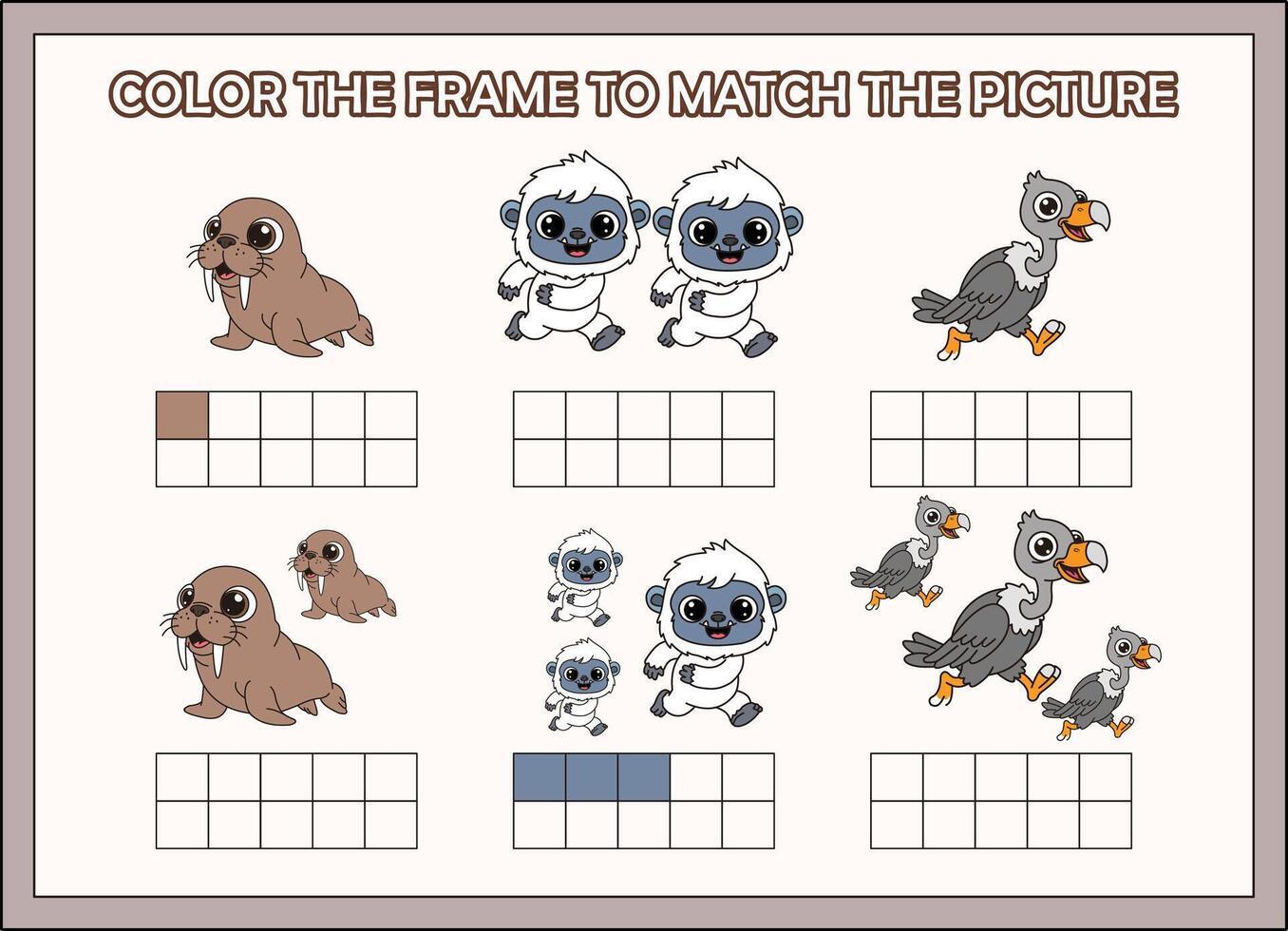 color the frame to match the animal.walrus,yeti,vulture vector