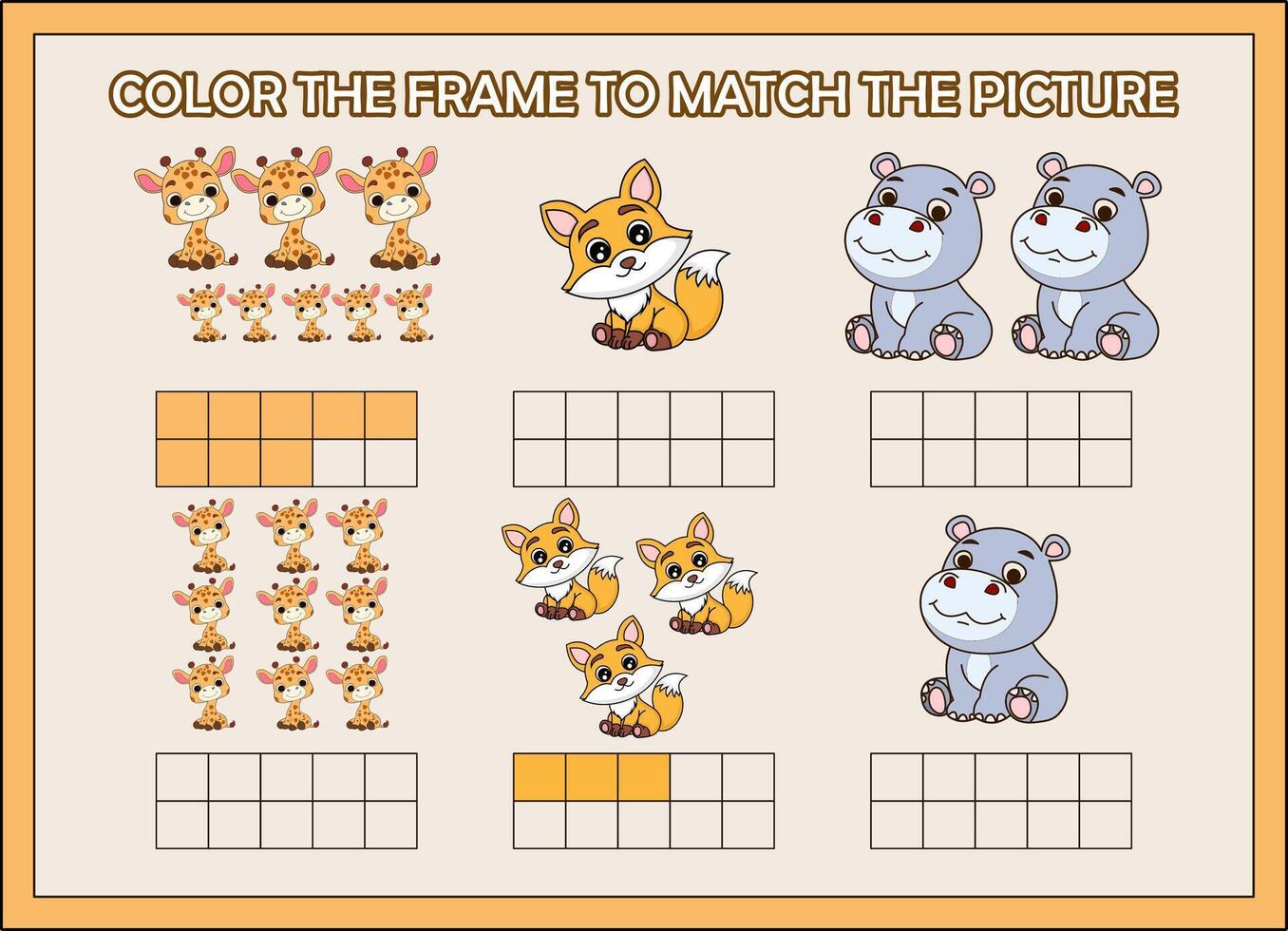 color the frame to match the animal.giraffe, fox, hippo vector