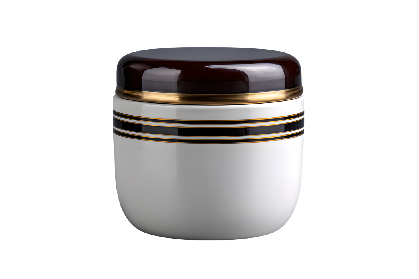 A white and gold jar with a black lid png