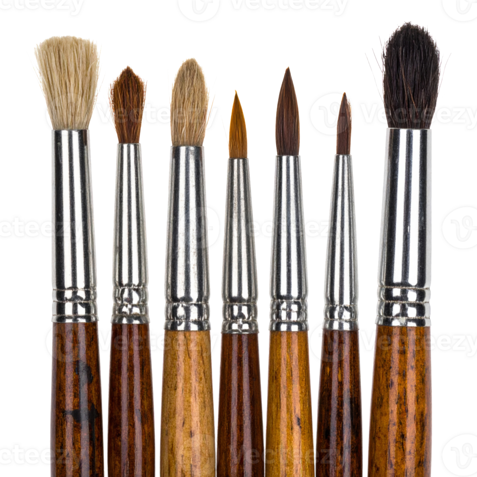 Seven Paintbrushes with Wooden Handles and Bristles on Transparent Background png