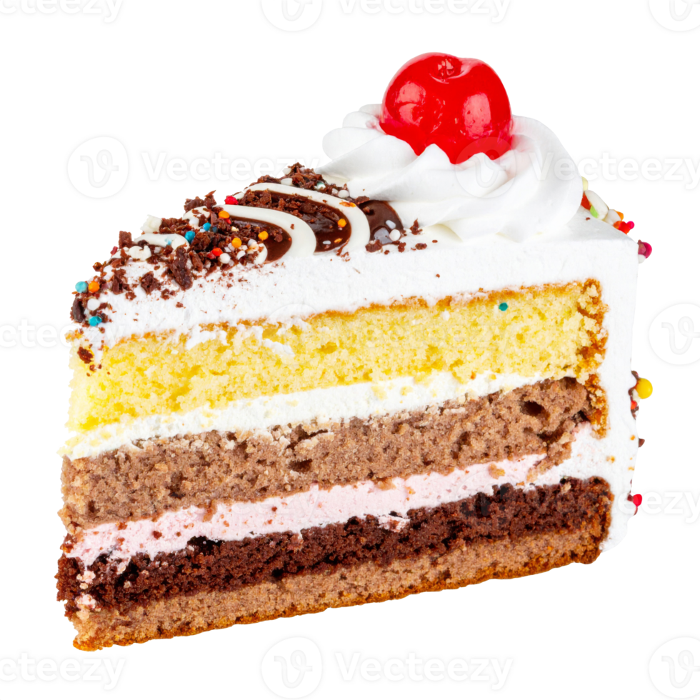 Slice of Delicious Layered Cake with Cherry Topping on Transparent Background png