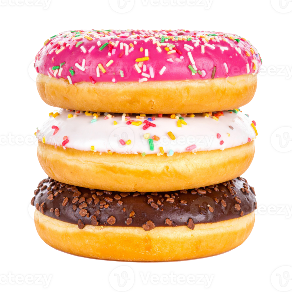 Stack of Three Sweet Donuts with Pink White and Chocolate Icing on Transparent Backdrop png