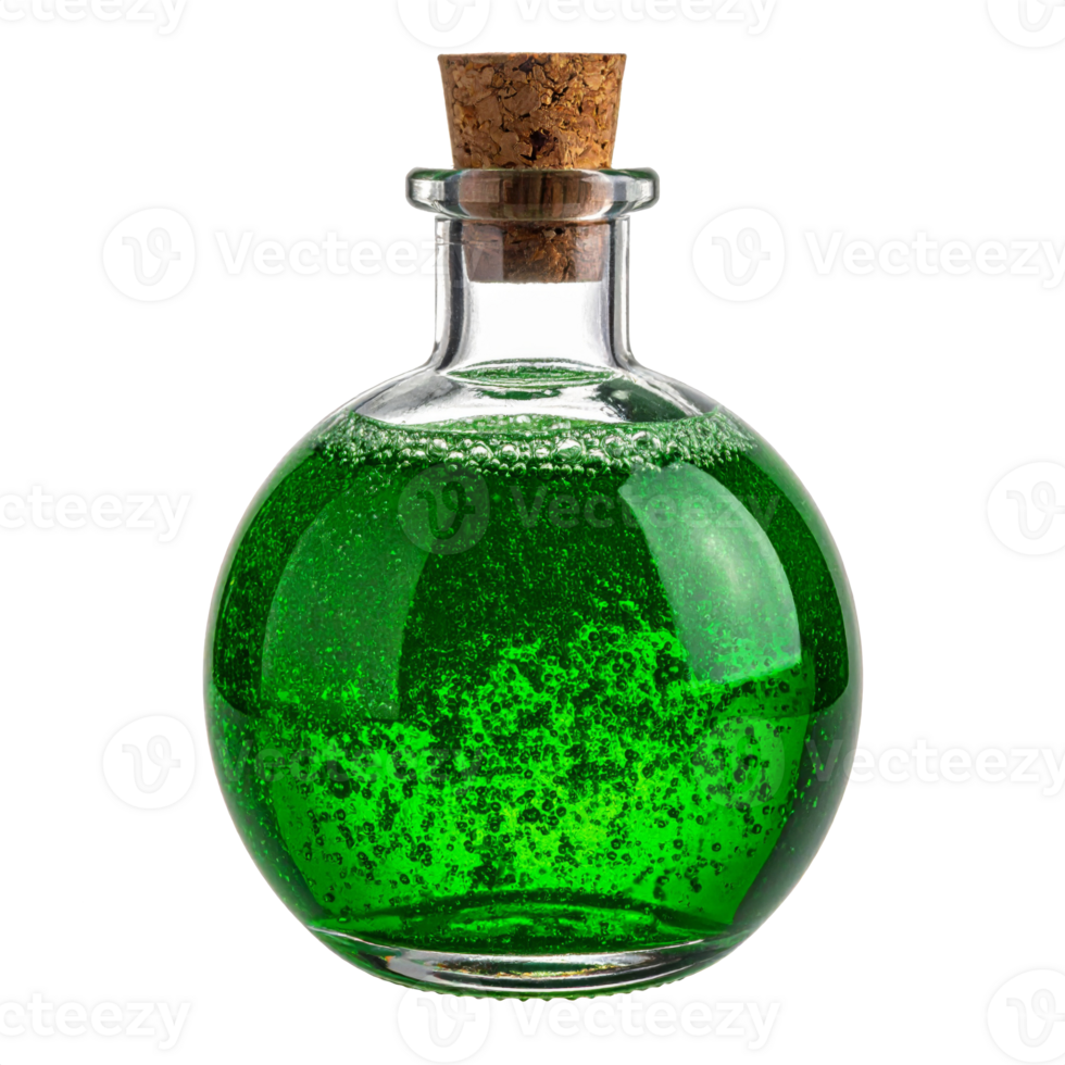 Bright Green Potion in Glass Bottle with Cork Stopper and Transparent Background png