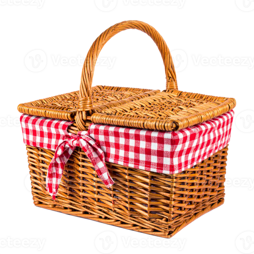 Wicker Picnic Basket with Red Gingham Liner and Handle on Transparent Backdrop png