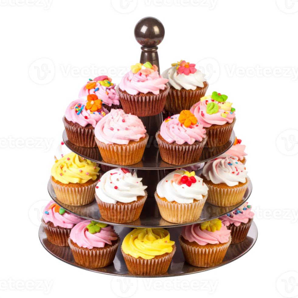 Tower of Colorful Cupcakes with Pink and White Frosting on Transparent Background png