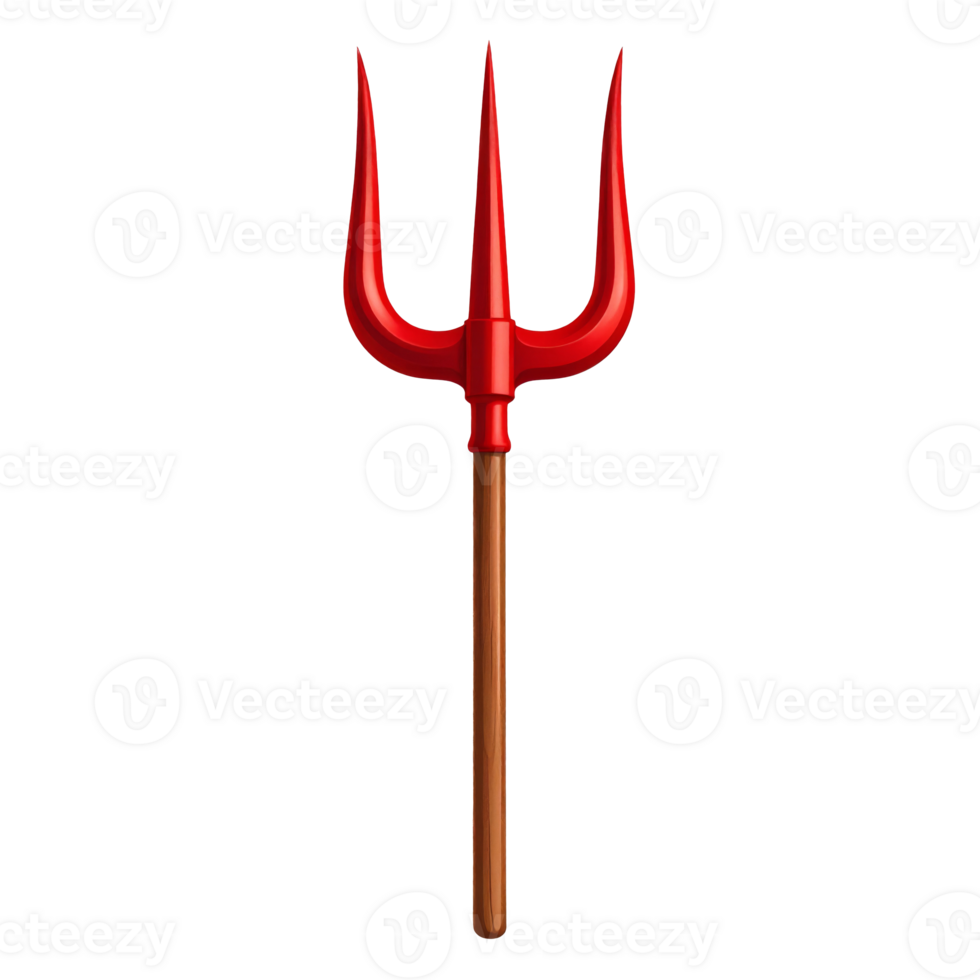 Cartoon Red Devil Trident Pitchfork with Wooden Handle on Transparent Backdrop png
