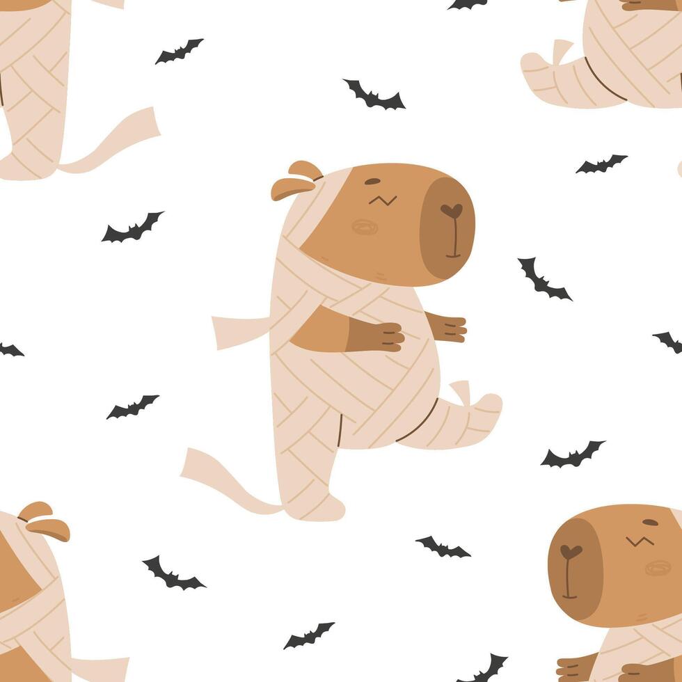 Pattern with capybara in mummy costume and bats vector