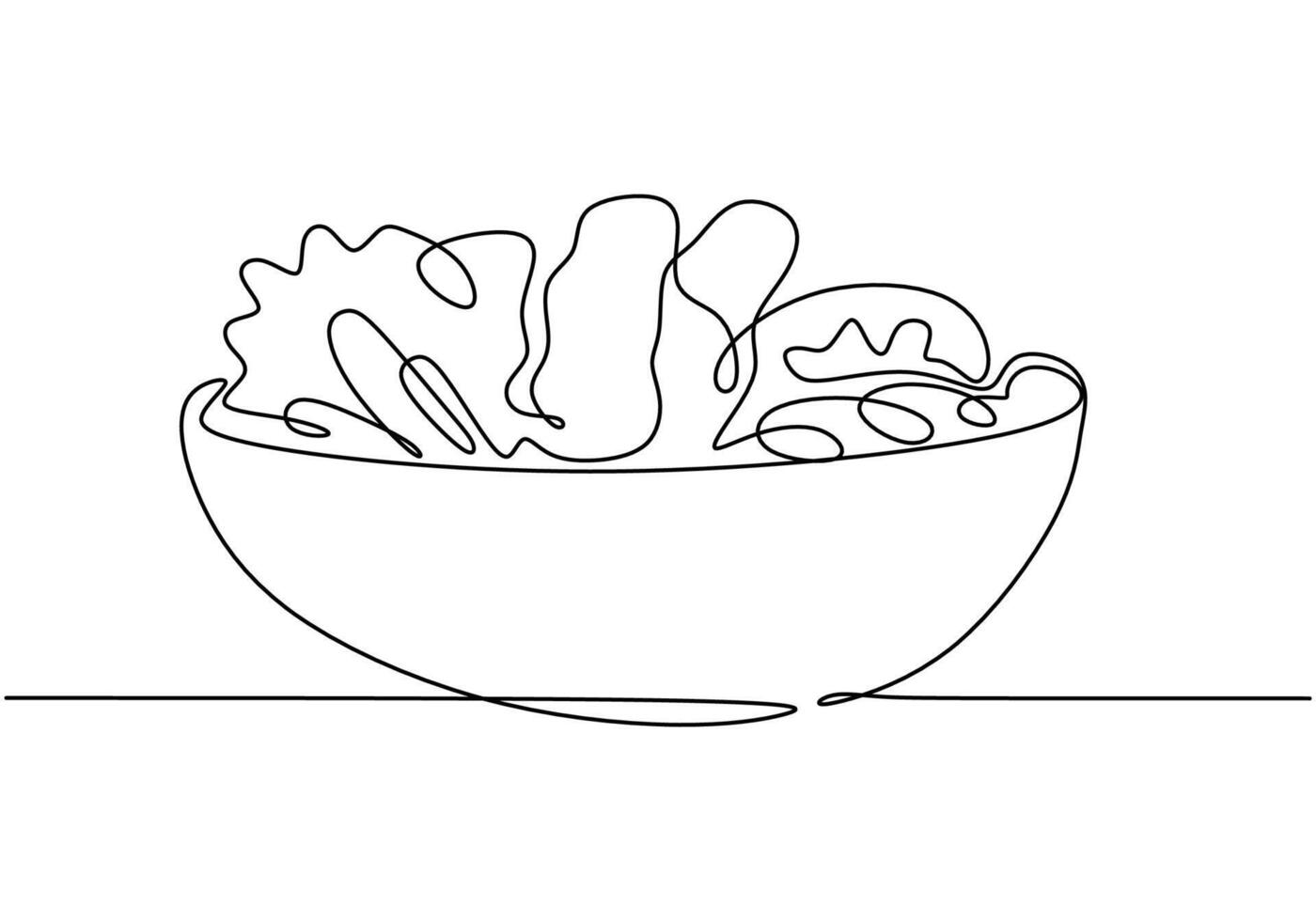 Salad in bowl continuous line drawing. Minimalist food and healthy eating concept isolated on white. vector
