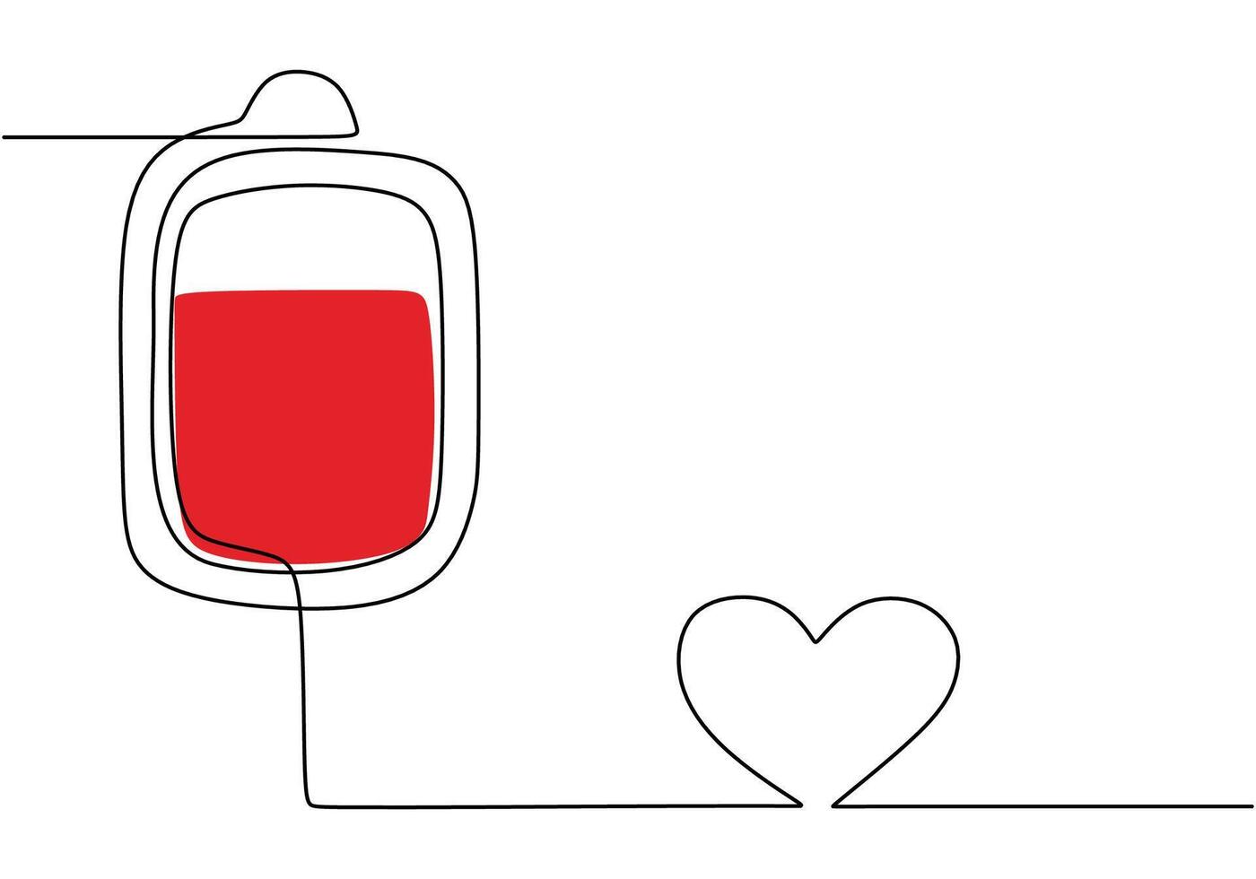 Blood Donation with Heart and Bag Line Drawing. Healthcare concept featuring a red blood bag and love symbol. vector