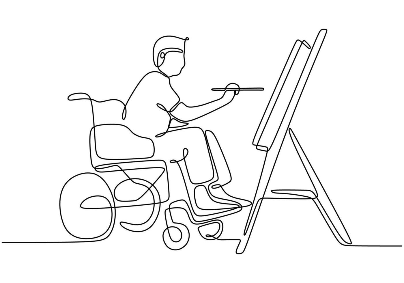 Man in wheelchair painting line art vector