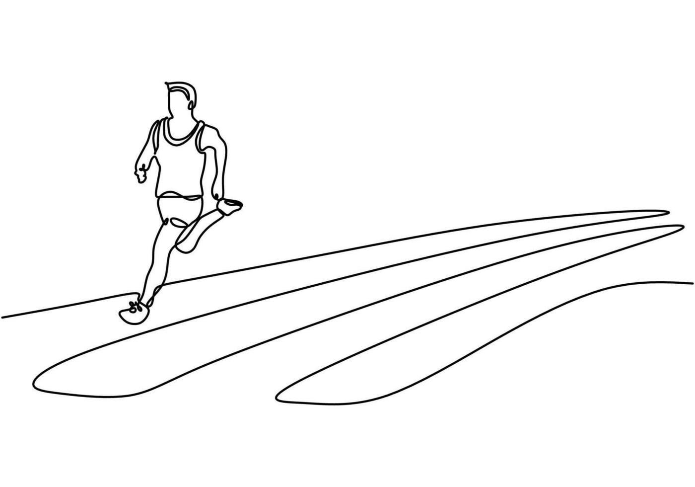 Person running on the track in continuous line drawing. Athlete in marathon competition concept. vector