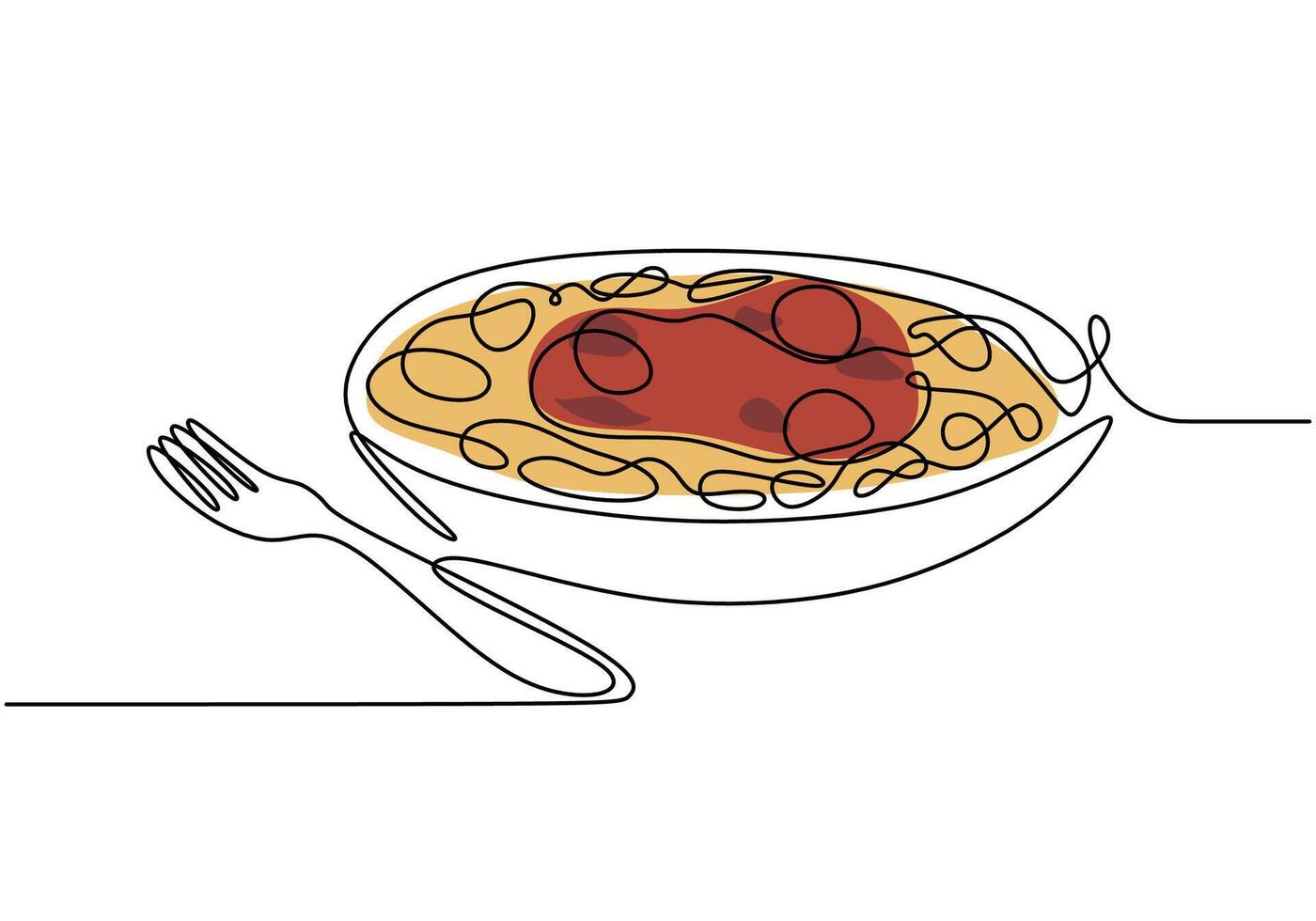 Fork and noodles one line drawing vector