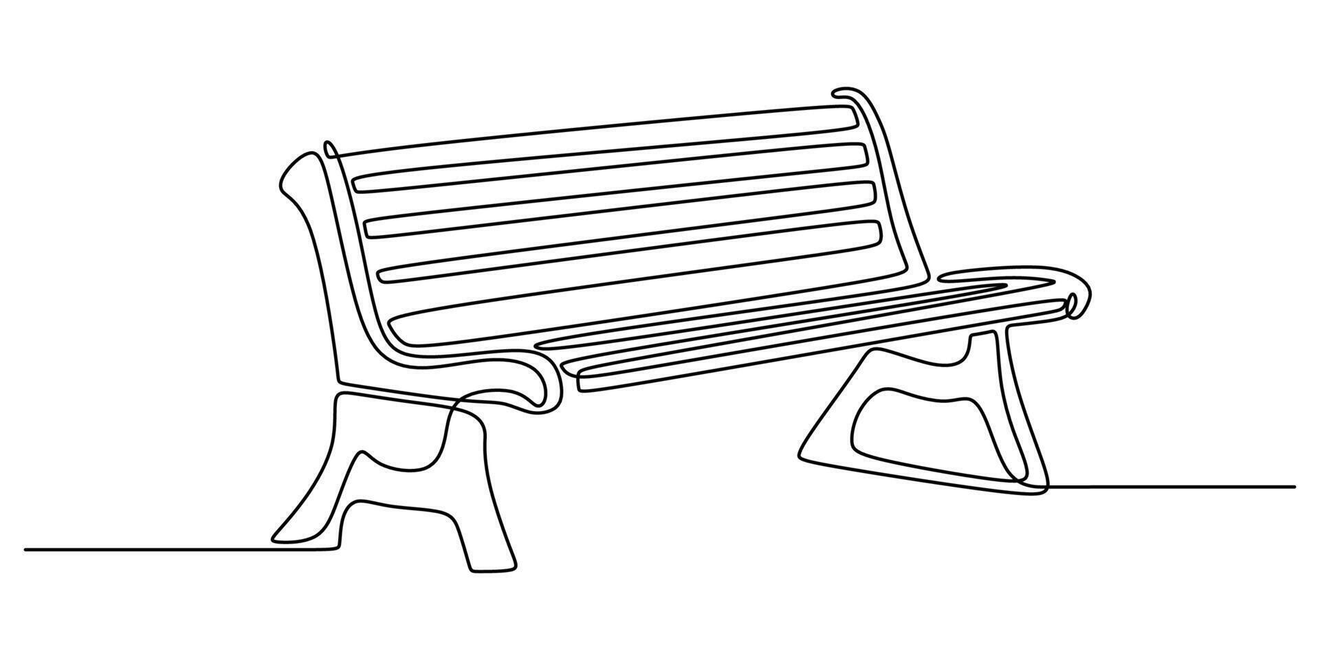 Wooden park bench in continuous line drawing. Outdoor furniture design illustration. vector