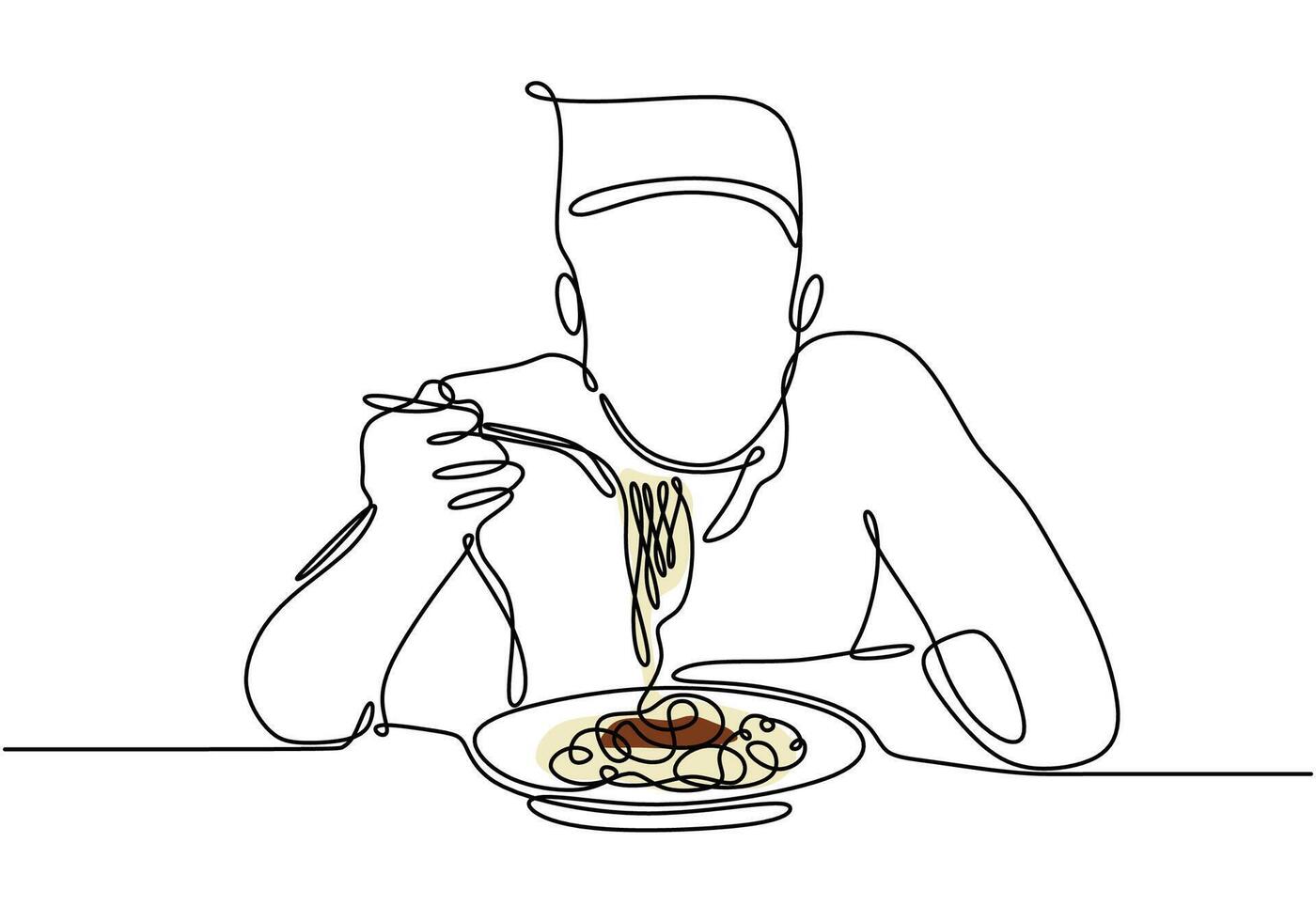 Man eating noodles depicted in continuous line drawing. Illustration for food and people concepts. vector