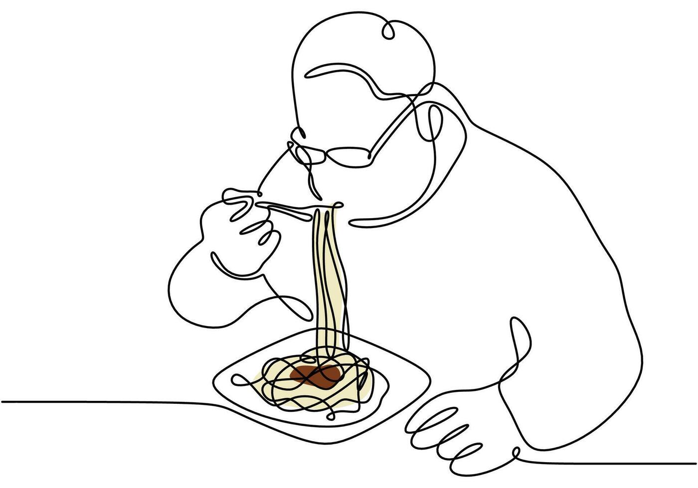 People enjoying spaghetti noodles illustrated in continuous line drawing. Food and person concept design. vector