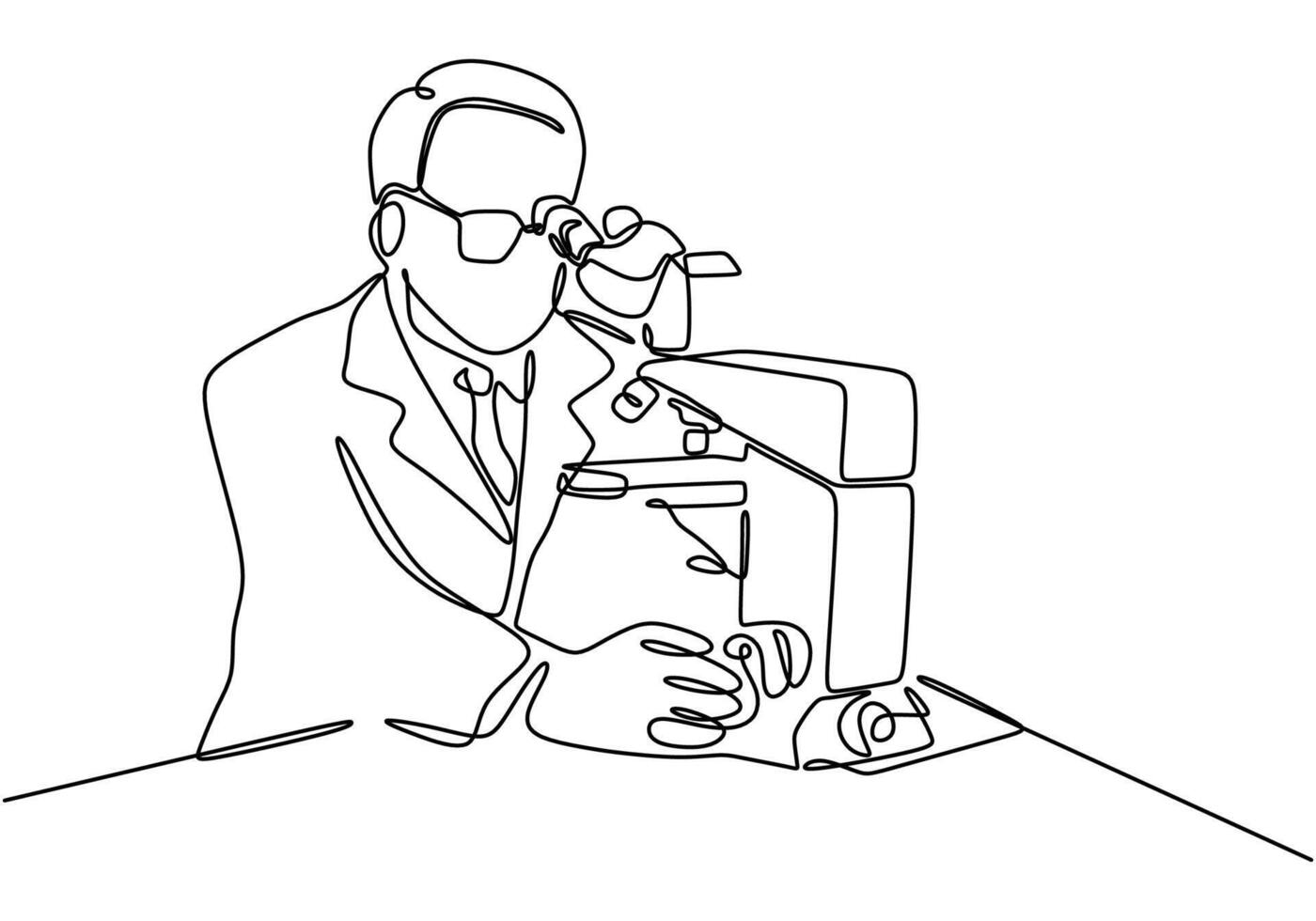Scientist with microscope one line drawing. vector