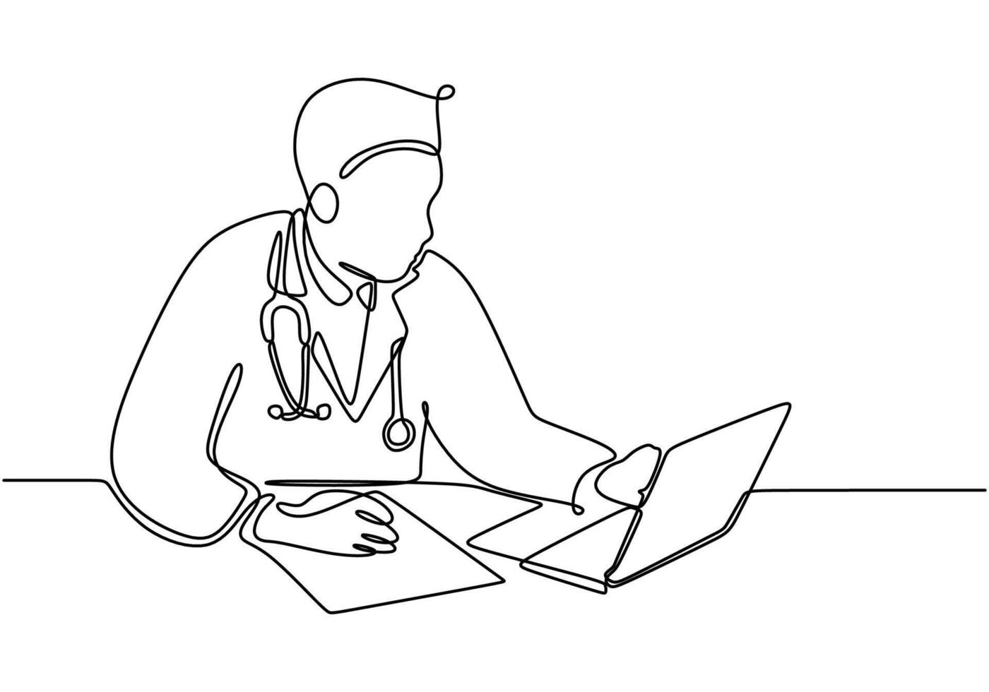 Doctor with Stethoscope and Laptop Line Drawing. Healthcare professional working on a paper and laptop, minimalist style. vector