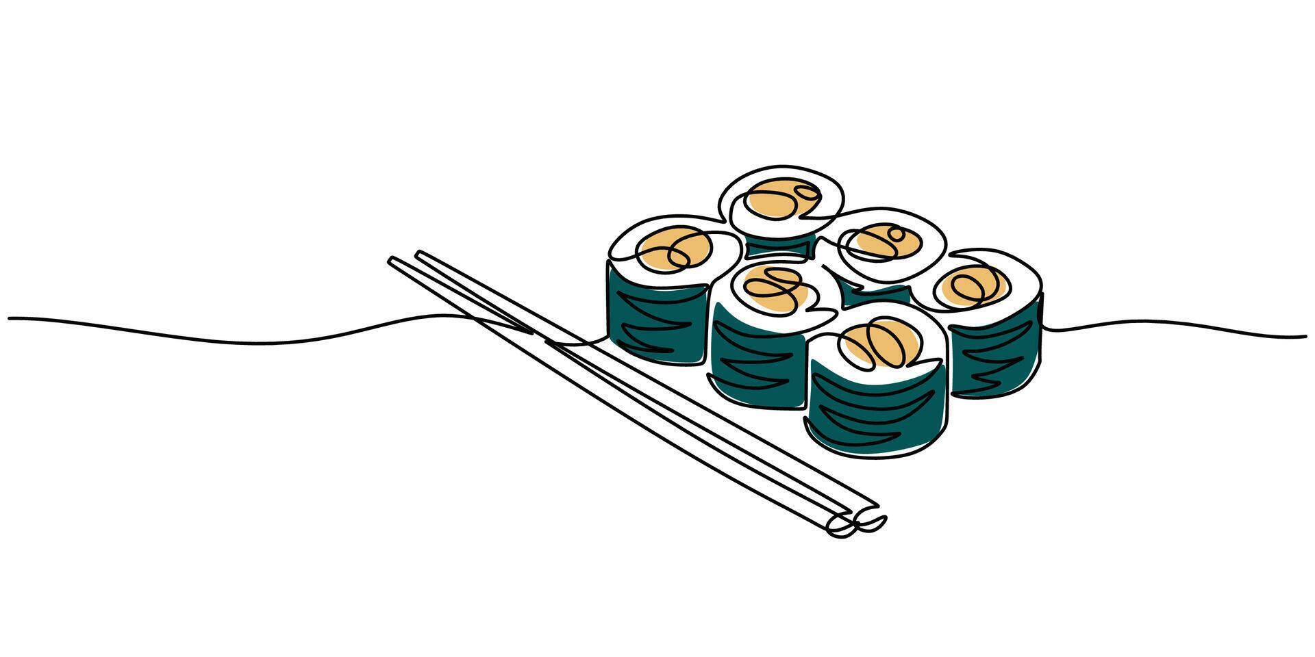 Traditional sushi with chopsticks line art vector