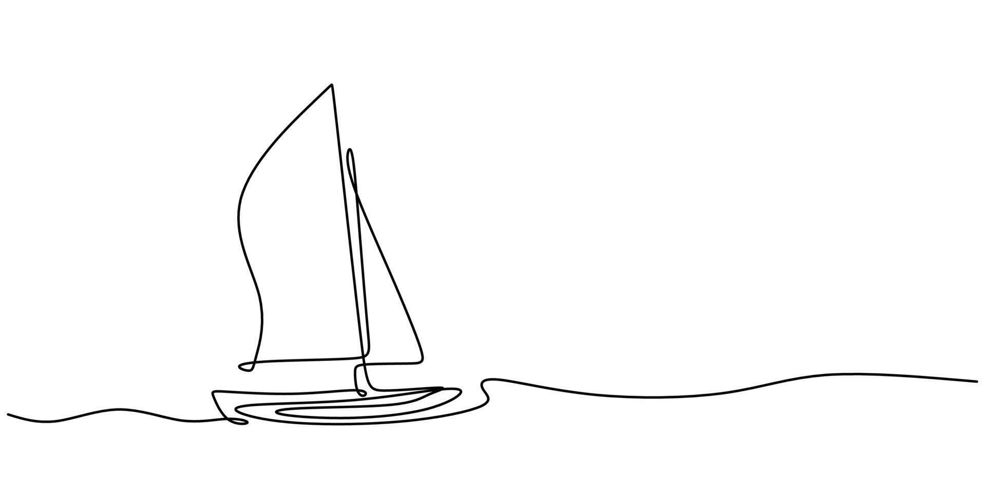 Sailboat on the beach in one line drawing. Marine transportation concept. vector