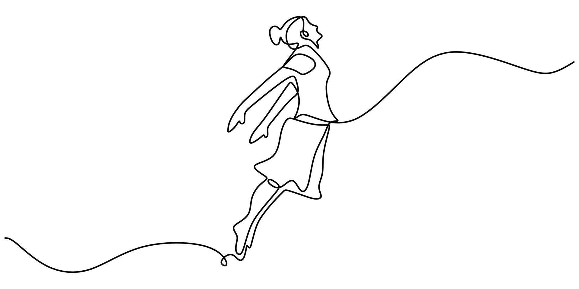 Woman jumping joyfully one line drawing vector