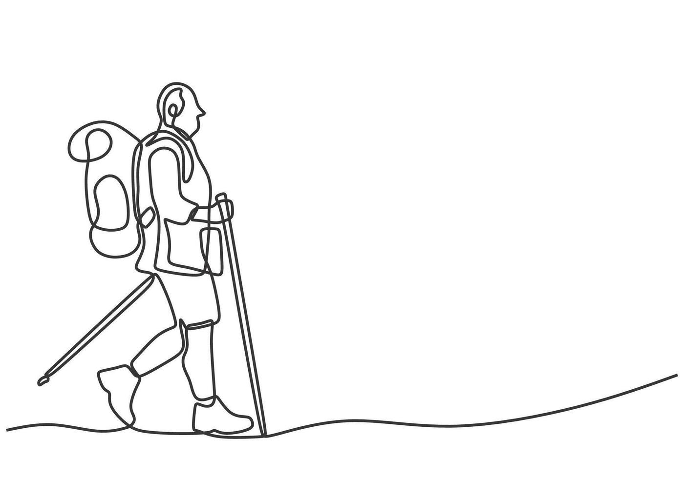 Solo hiker climbing mountain line art vector