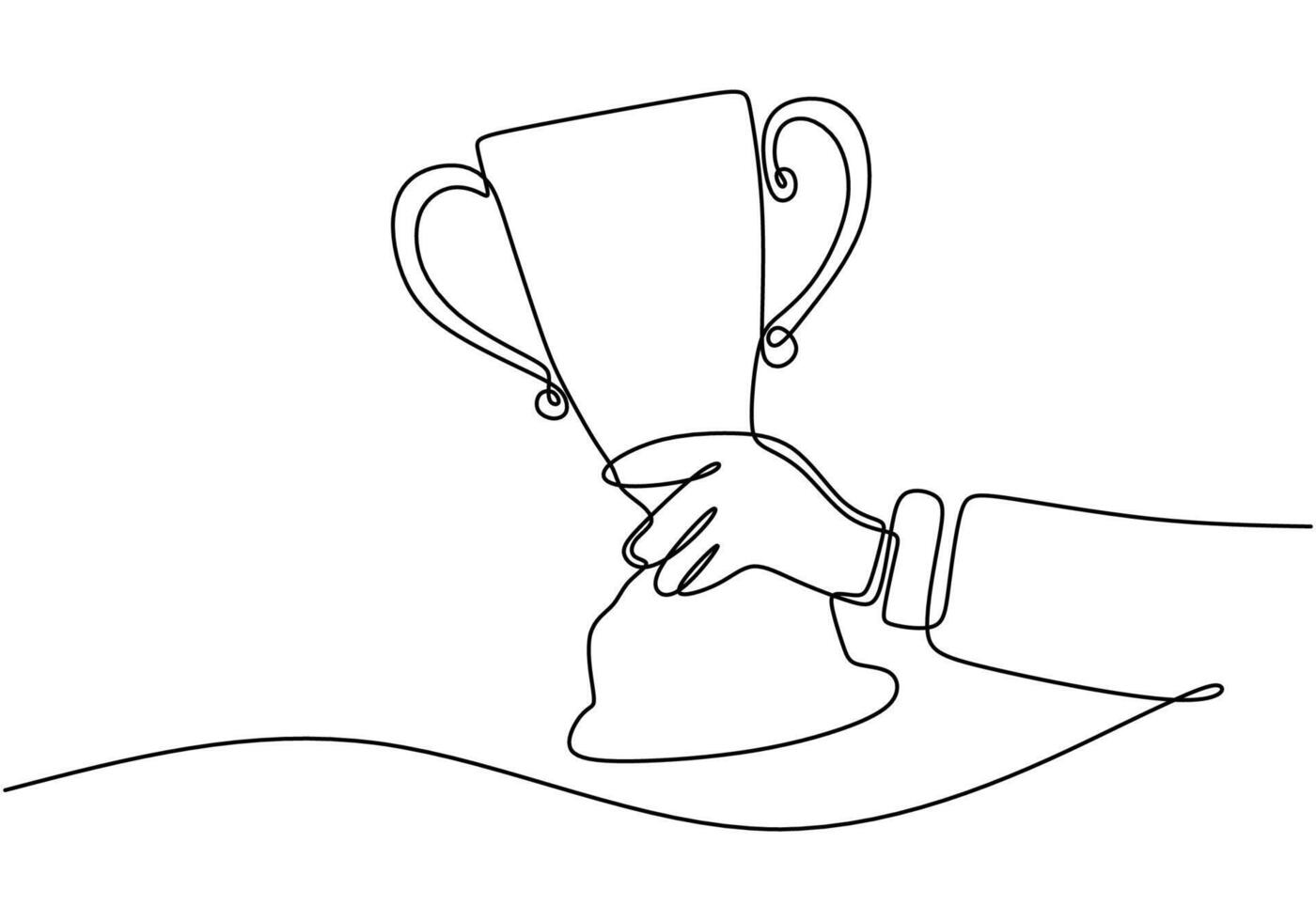 Hand holding trophy in continuous line drawing. Achievement and success concept. vector