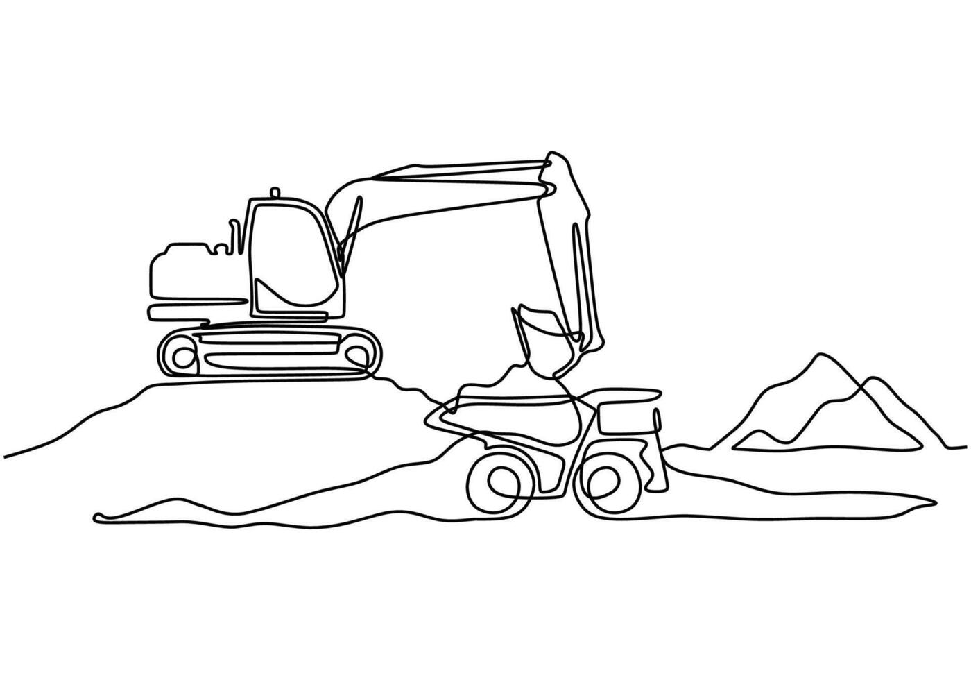 Mining excavator and dump truck line art vector