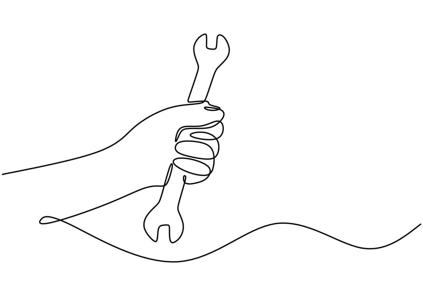 Hand holding wrench one line drawing vector