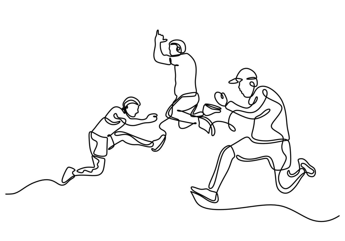 Three men jumping together line drawing vector