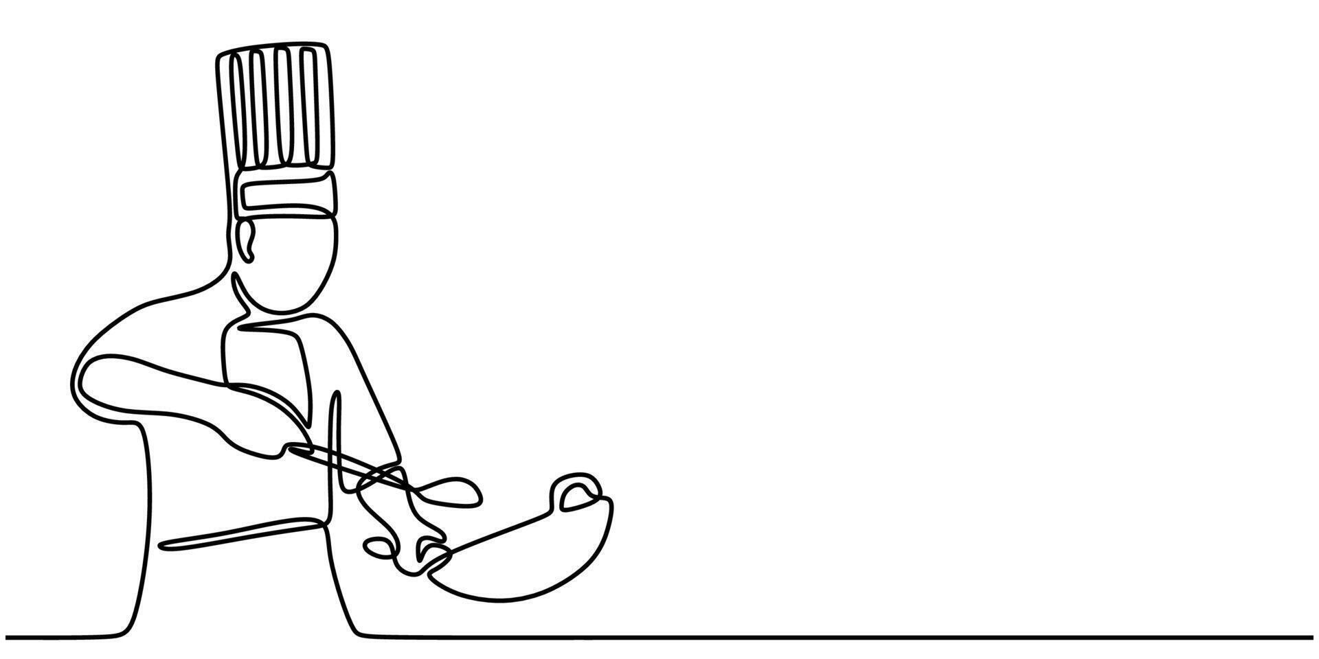 Chef cooking with pan one line drawing vector
