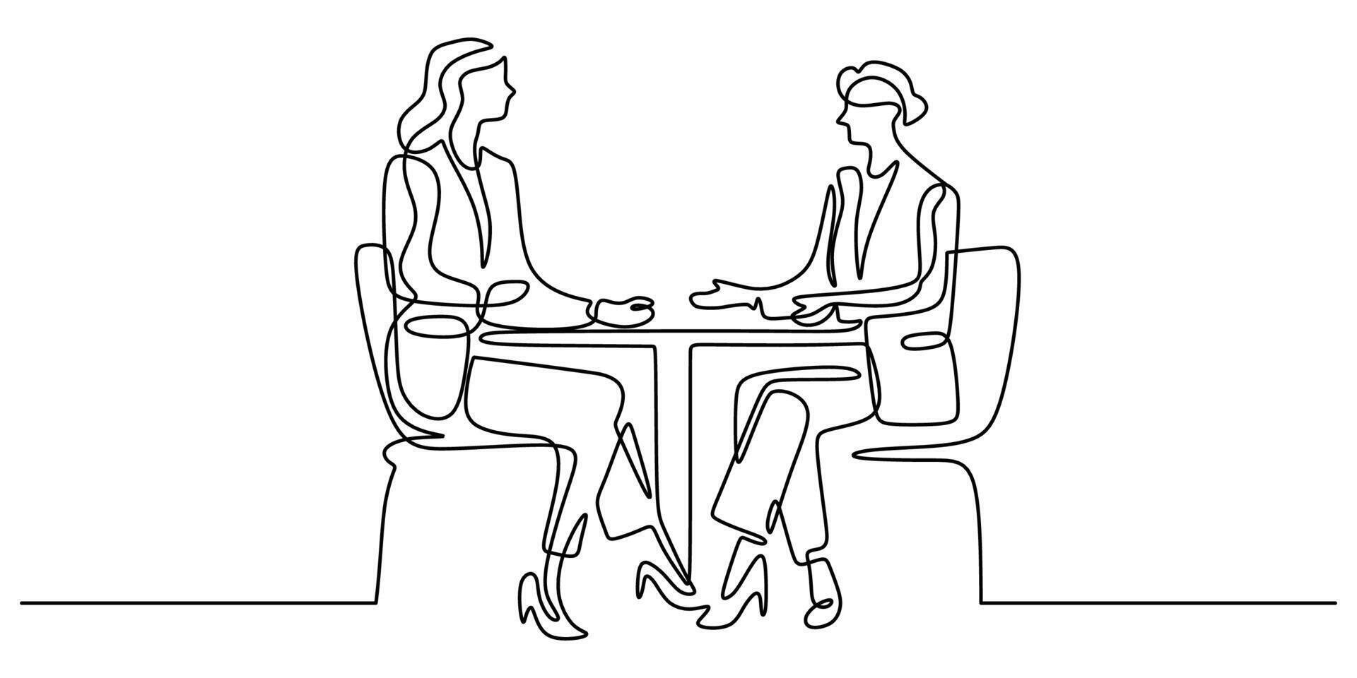 Two women interviewing continuous line art vector